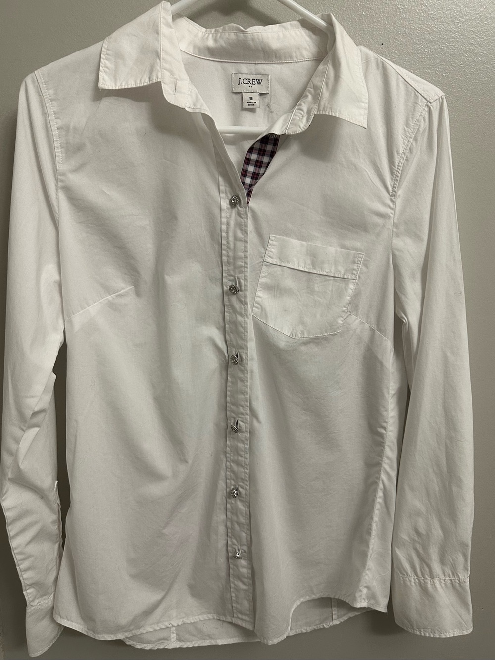 J. Crew White Button-Front Shirt with Plaid Trim